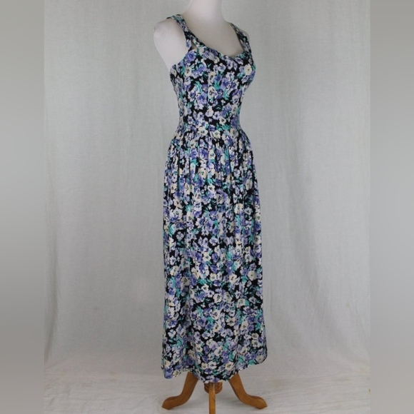 Vintage Laura Ashley Cross Back Dress Blue Pansy Print Cotton Made in Ireland